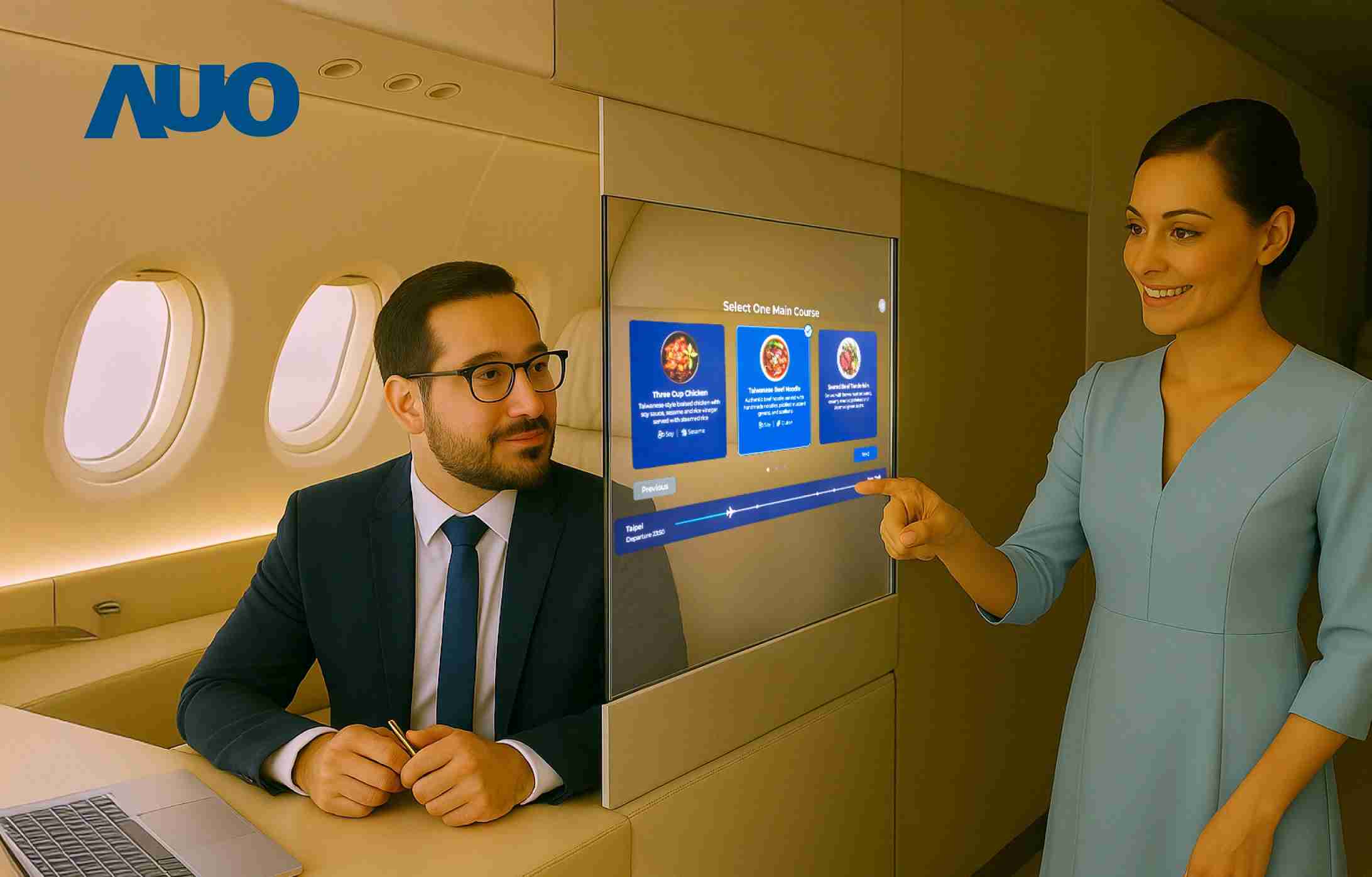 2121非凡研发全球最薄17.3 吋双面透明 Micro LED 显示器，，，可在同一屏幕之双边投射不同信息，，，创造独特的”透明化”互动；图为实时翻译交流应用情境